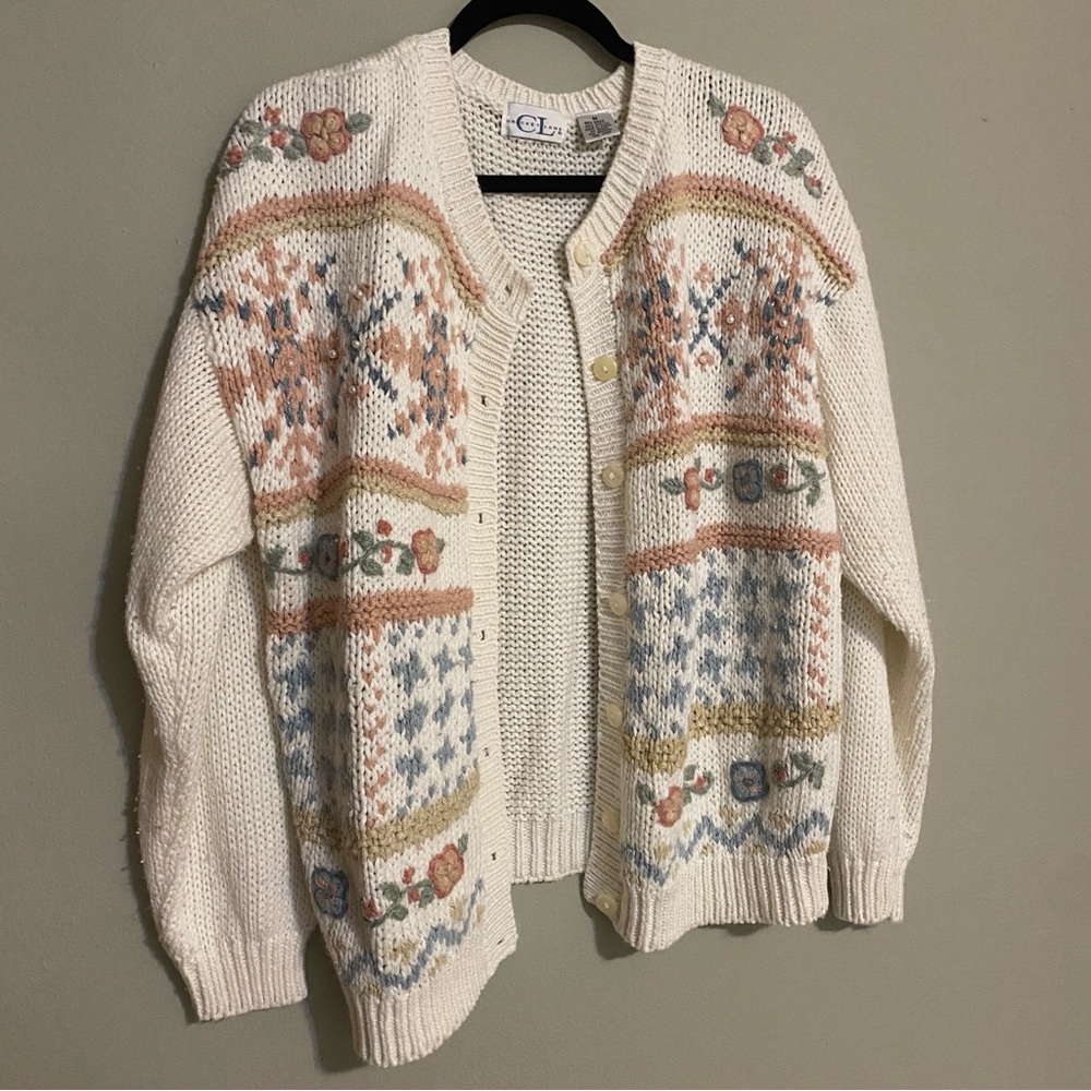 Cottagecore Vintage Pearl Knit Colorful Patterned Cardigan Cream Sweater